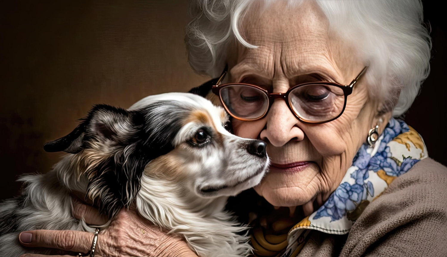 A calm senior pet resting in soft light, gently cared for